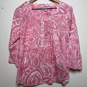 Banana Republic Women 100% Cotton Henley Popover Top Pink White Floral Roll Tab